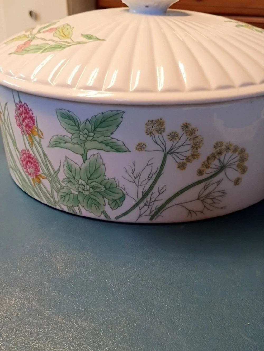 Vintage Shafford White Ceramic Covered Casserole Dish -Herbs & Spice 1970